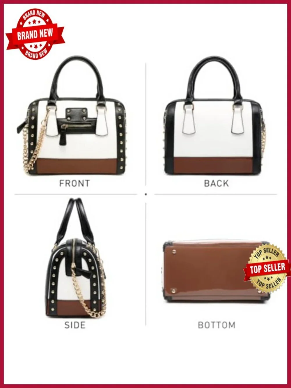 Shiny Patent Faux Leather Barrel Satchel Handbag with Rivet Decoration Top